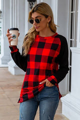 Plaid Round Neck Long Sleeve T-Shirt - Flyclothing LLC