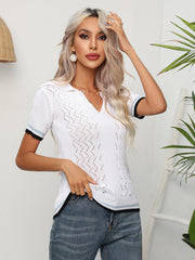 Johnny Collar Openwork Short Sleeve Knit Top - Flyclothing LLC