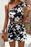 Floral One-Shoulder Cropped Tank and Shorts Set - Flyclothing LLC