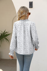 Printed Tie Neck Flounce Sleeve Blouse - Flyclothing LLC