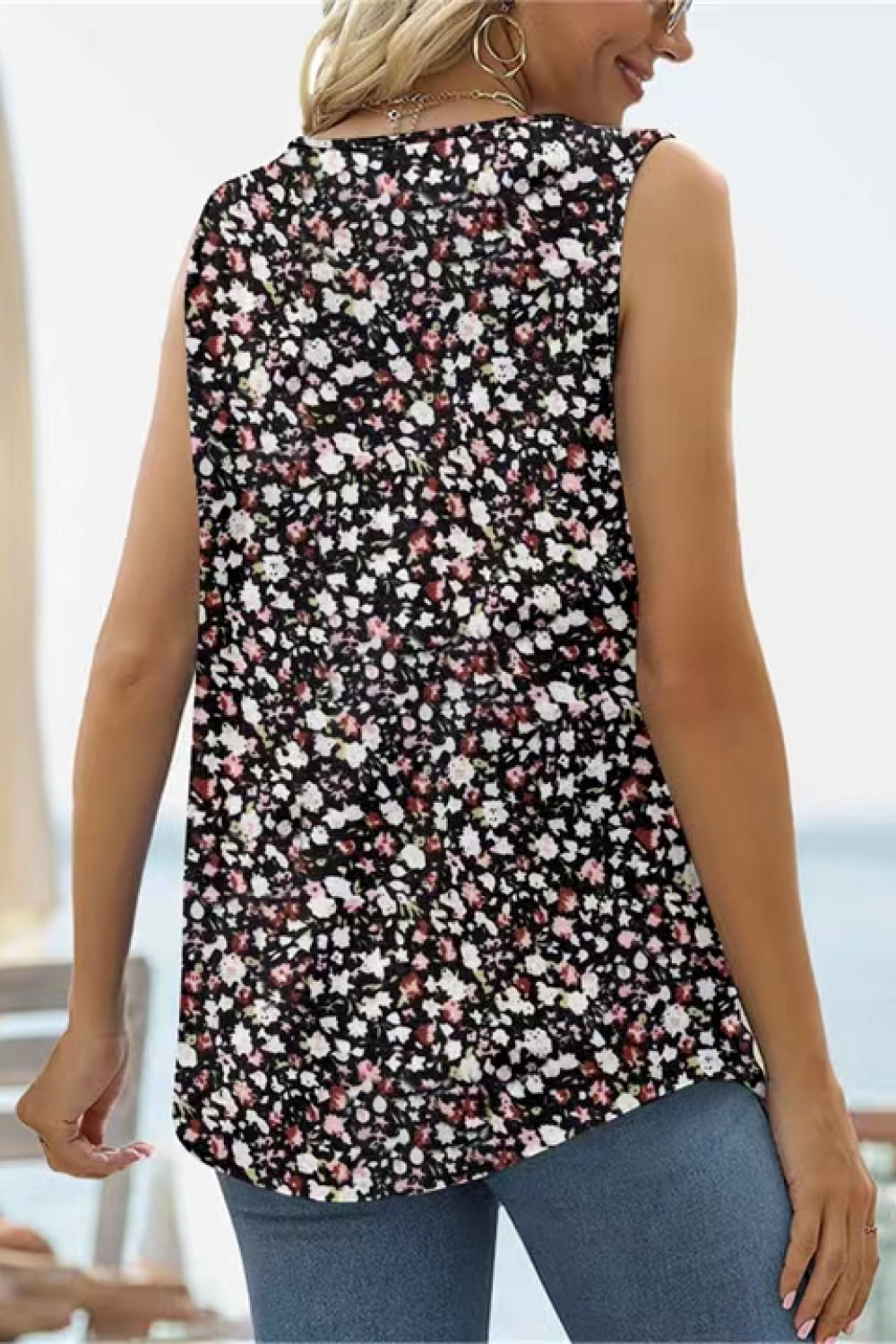 Printed Square Neck Curved Hem Tank - Flyclothing LLC