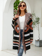 Fringe Geometric Hooded Long Sleeve Cardigan - Flyclothing LLC