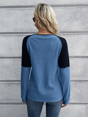 Contrast Buttoned Round Neck Raglan Sleeve Top - Flyclothing LLC