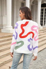 Printed Round Neck Dropped Shoulder Pullover Sweater - Flyclothing LLC