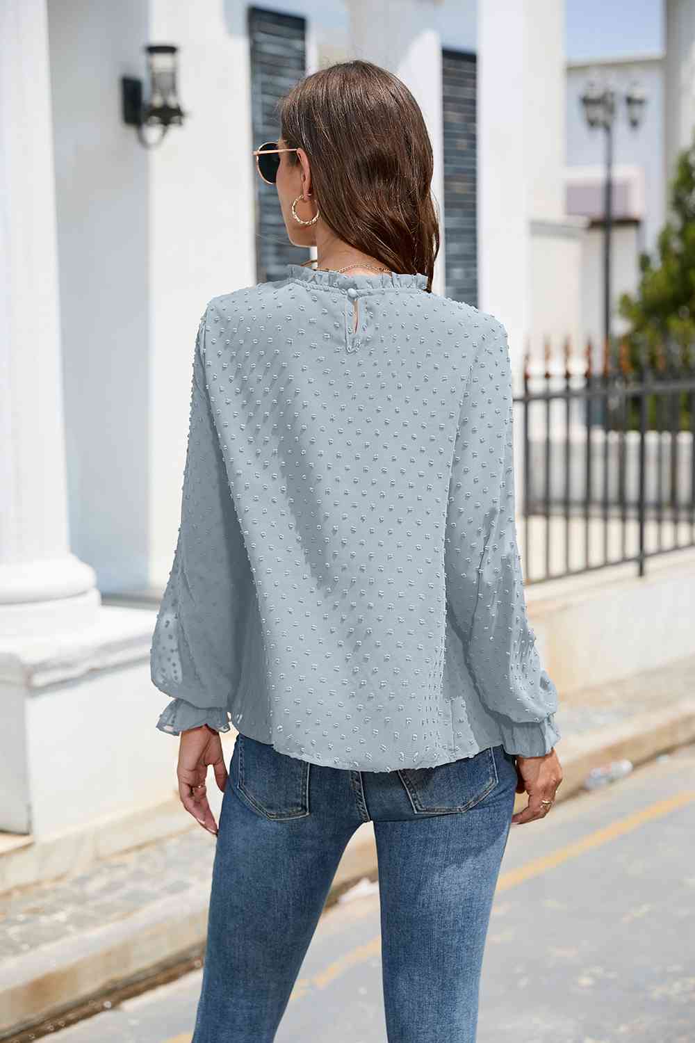 Smocked Mock Neck Swiss Dot Top - Flyclothing LLC