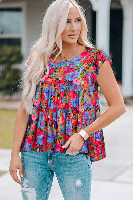 Floral Round Neck Frill Trim Blouse - Flyclothing LLC