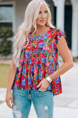 Floral Round Neck Frill Trim Blouse - Flyclothing LLC