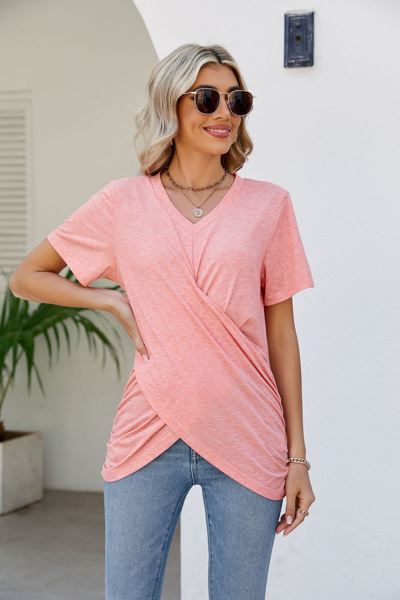 V-Neck Crisscross Short Sleeve Tee - Flyclothing LLC