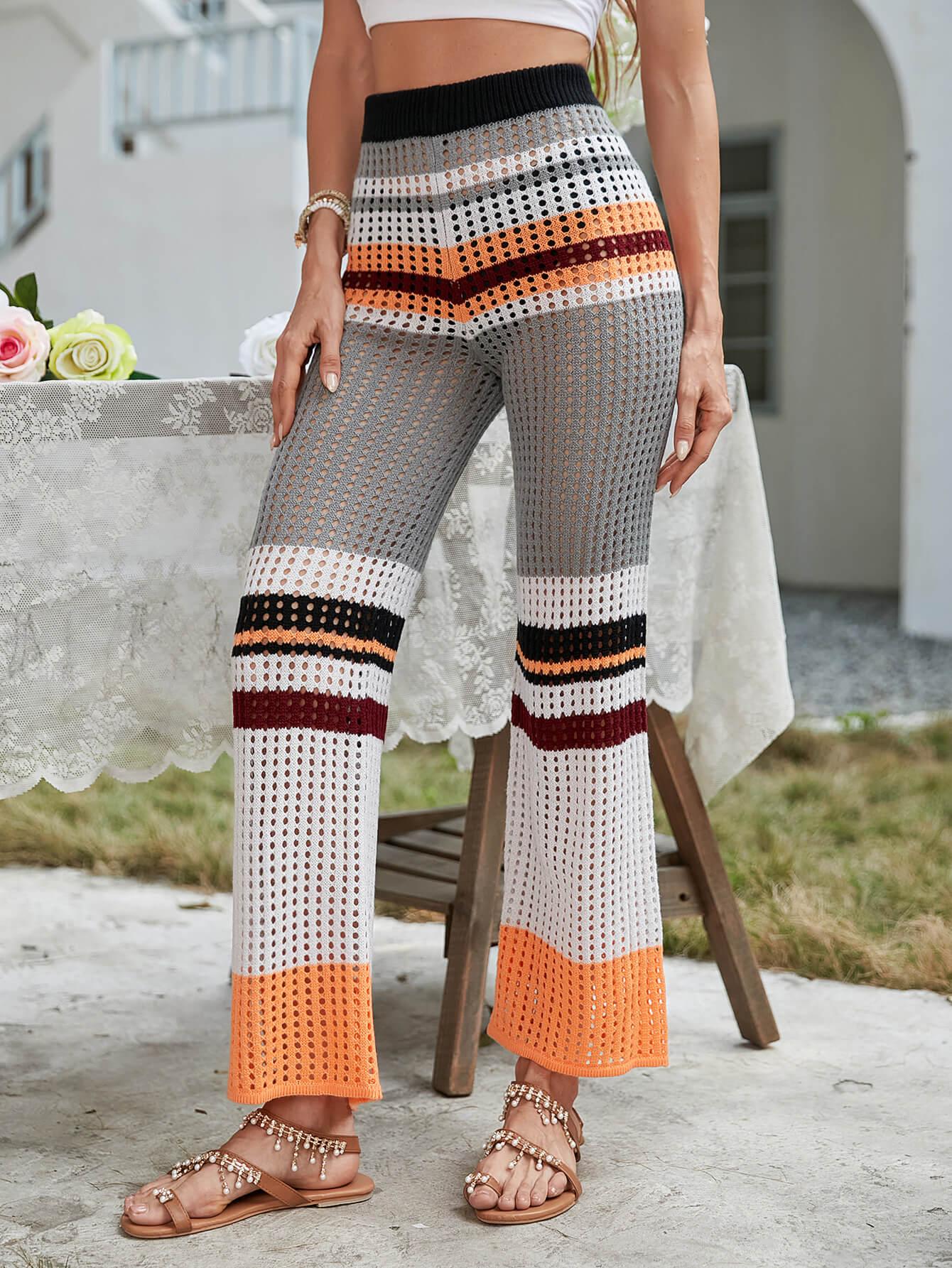 Color Block Openwork Knit Pants - Trendsi