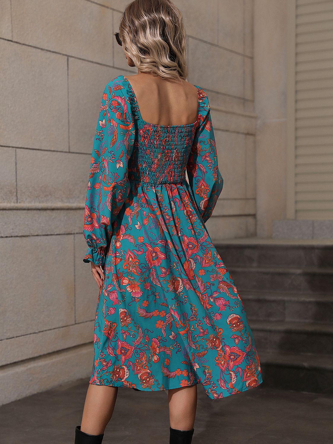 Printed Square Neck Flounce Sleeve Dress - Flyclothing LLC