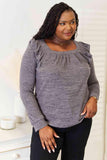 Double Take Square Neck Ruffle Shoulder Long Sleeve T-Shirt - Flyclothing LLC