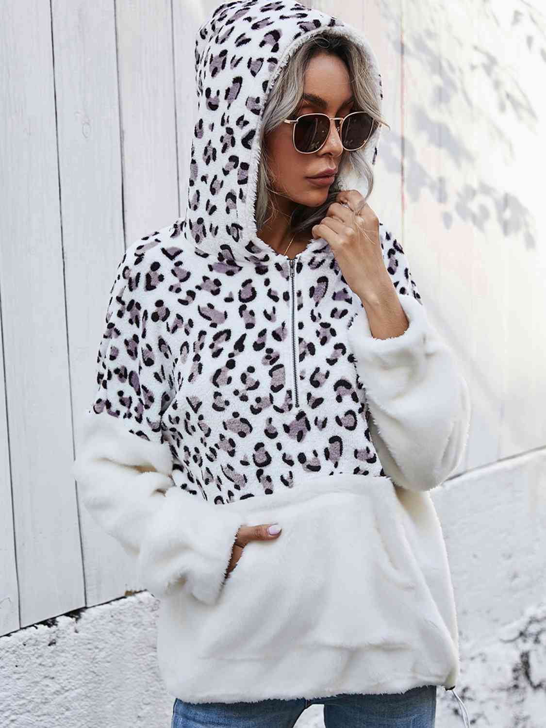 Leopard Half-Zip Dropped Shoulder Hoodie - Flyclothing LLC