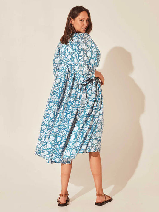 Floral Tie Neck Lantern Sleeve Dress - Flyclothing LLC