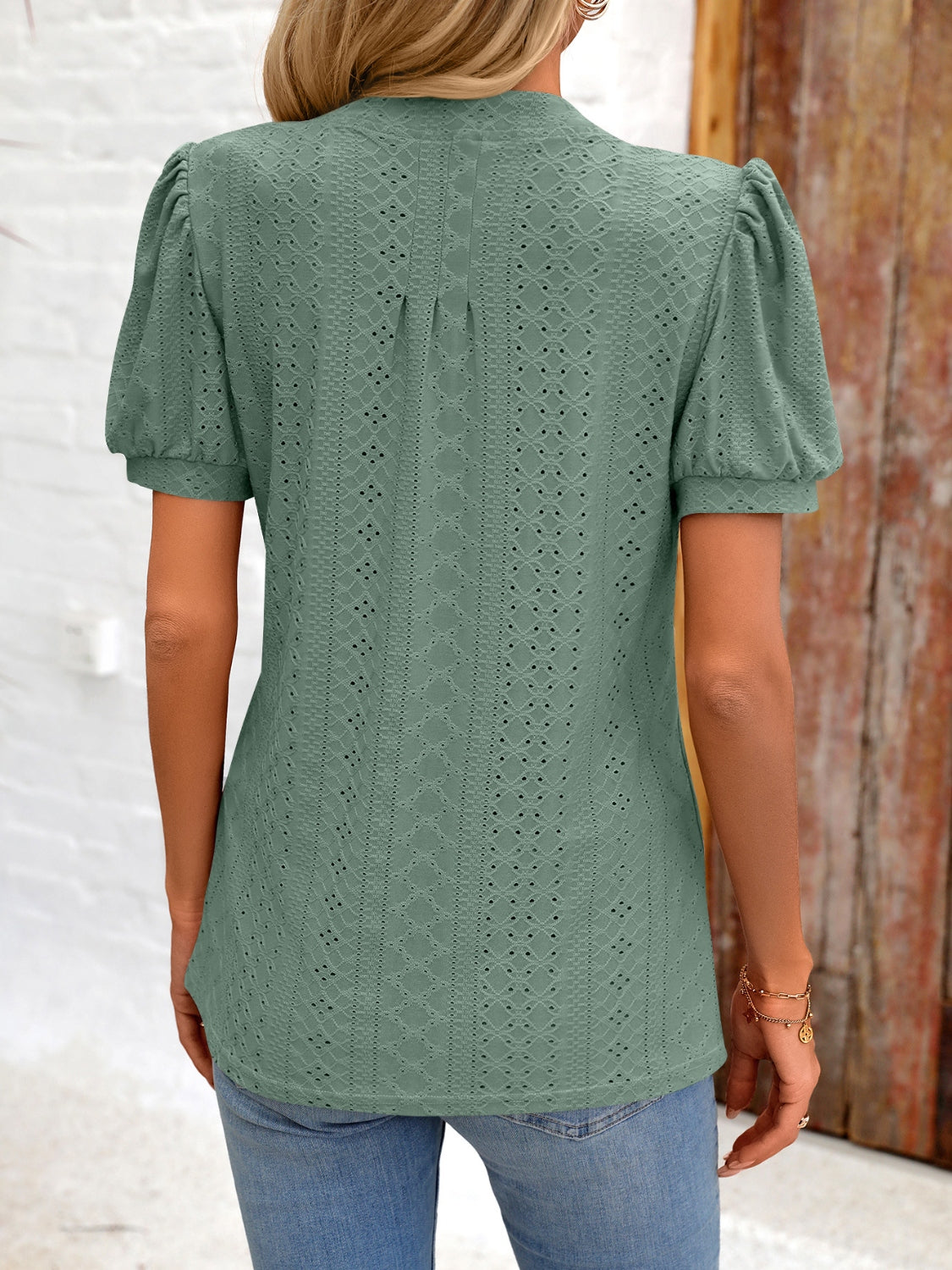 Eyelet Notched Puff Sleeve T-Shirt - Flyclothing LLC