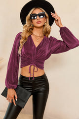 Drawstring V-Neck Balloon Sleeve Blouse - Flyclothing LLC