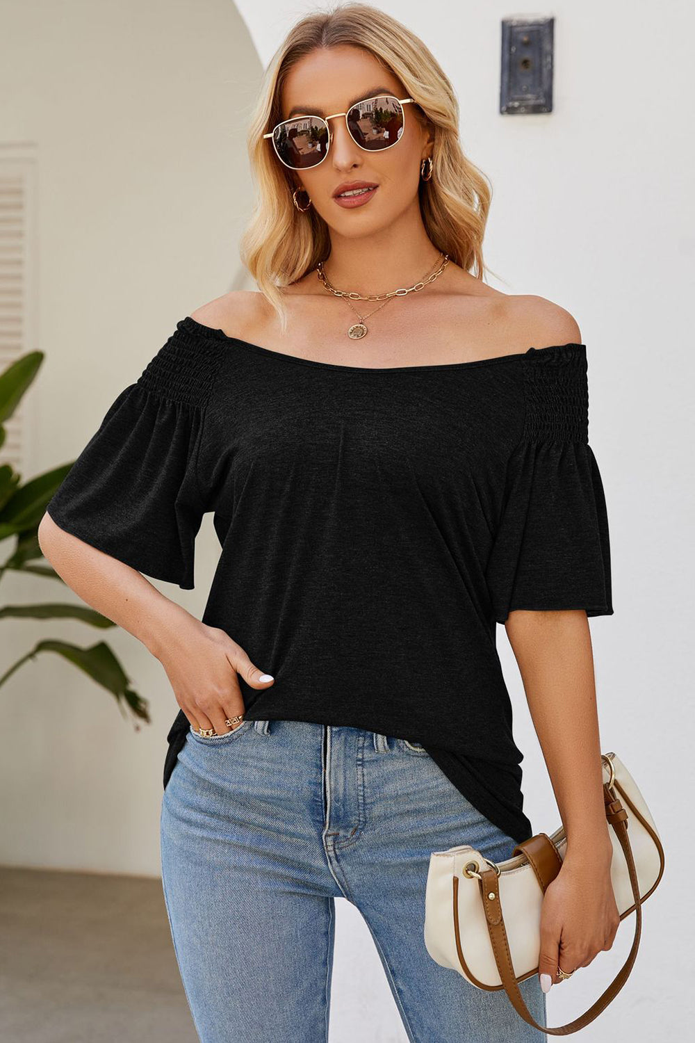 Smocked Round Neck Flutter Sleeve T-Shirt - Flyclothing LLC