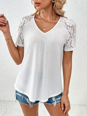 Lace Detail V-Neck Short Sleeve T-Shirt - Flyclothing LLC