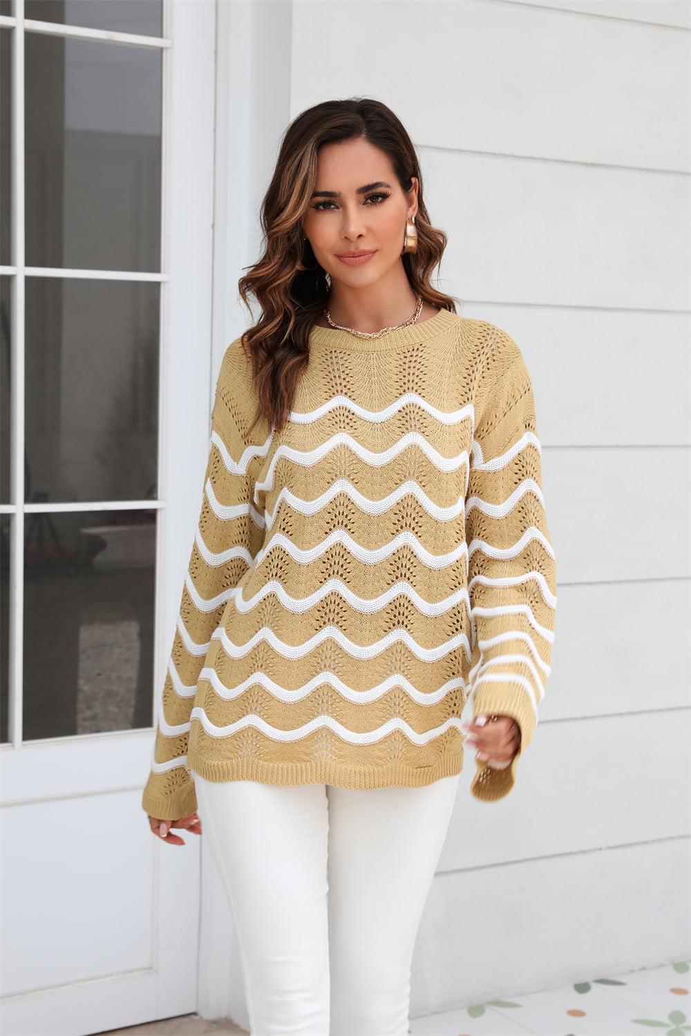 Wave Pattern Round Neck Long Sleeve Sweater - Flyclothing LLC