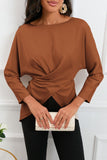 Boat Neck Back Tie Long Sleeve Satin Blouse - Flyclothing LLC