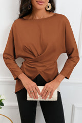 Boat Neck Back Tie Long Sleeve Satin Blouse - Flyclothing LLC