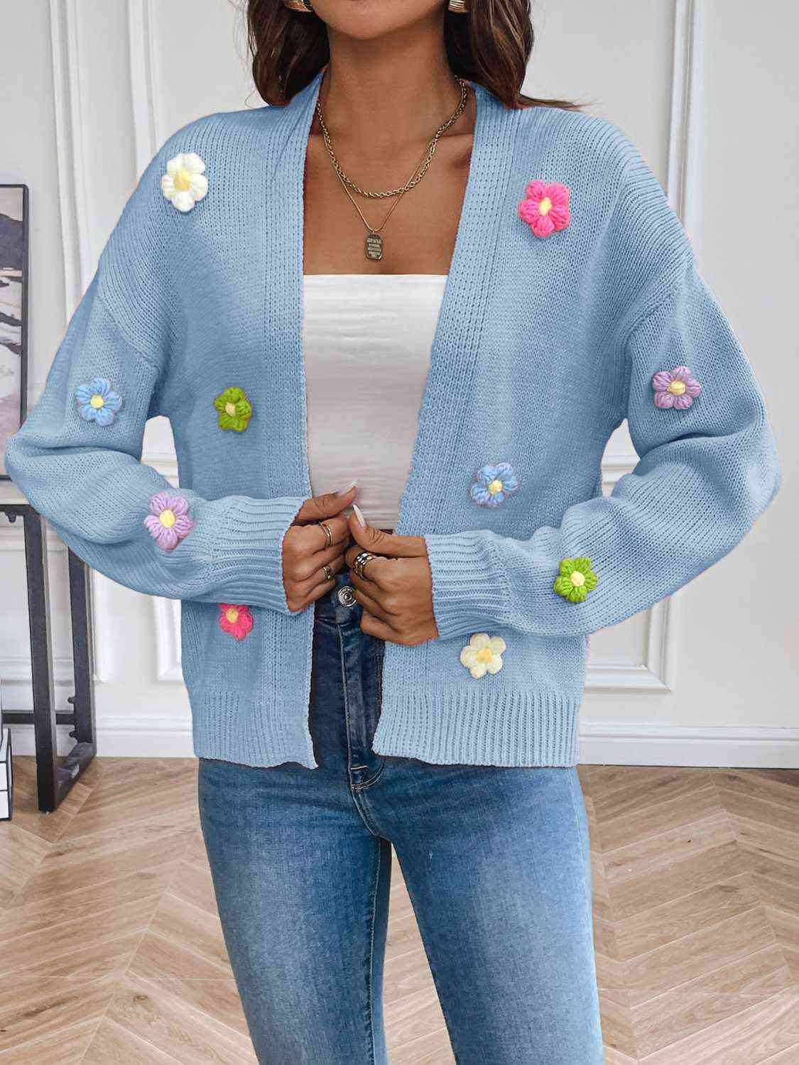 Floral Long Sleeve Open Front Cardigan - Flyclothing LLC