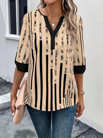 Striped Notched Half Sleeve Blouse - Flyclothing LLC