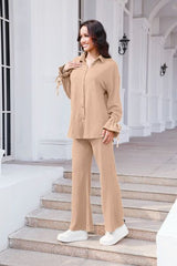 Drawstring Flounce Sleeve Shirt and Pants Set - Flyclothing LLC