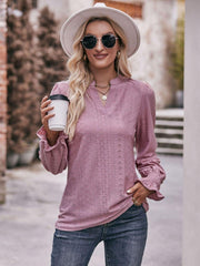 Eyelet Notched Neck Flounce Sleeve Blouse - Trendsi