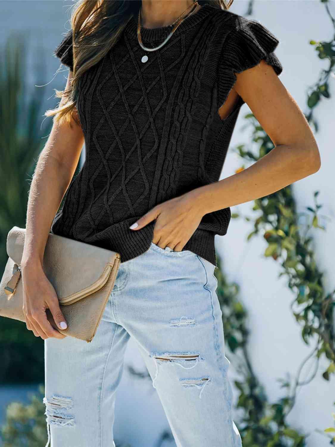 Round Neck Cap Sleeve Sweater - Trendsi