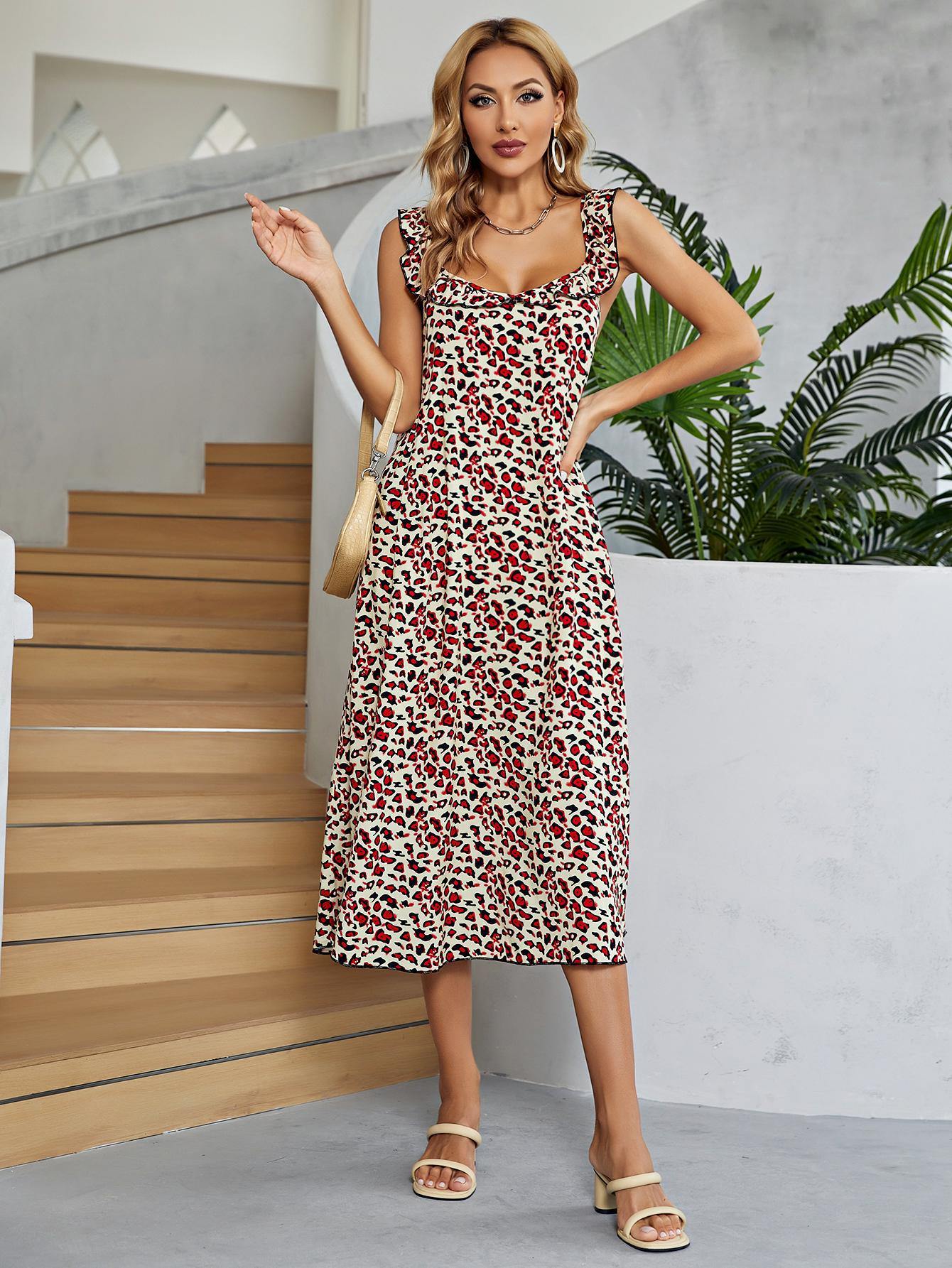 Printed Ruffled Sleeveless Midi Dress - Flyclothing LLC