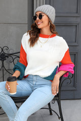 Color Block Round Neck Drop Shoulder Sweater - Flyclothing LLC