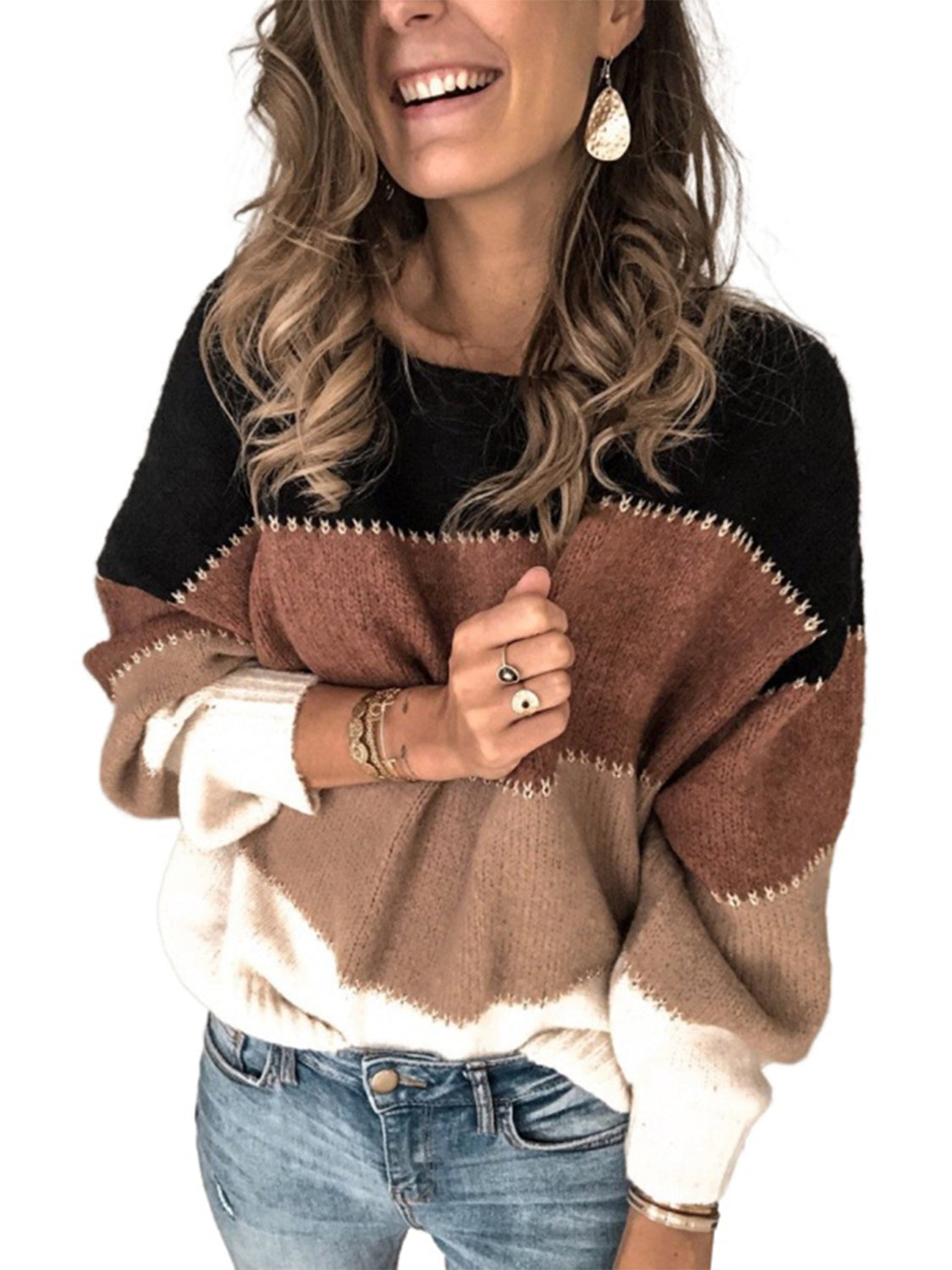 Color Block Round Neck Sweater