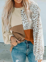 Color Block Leopard Round Neck Sweatshirt - Trendsi