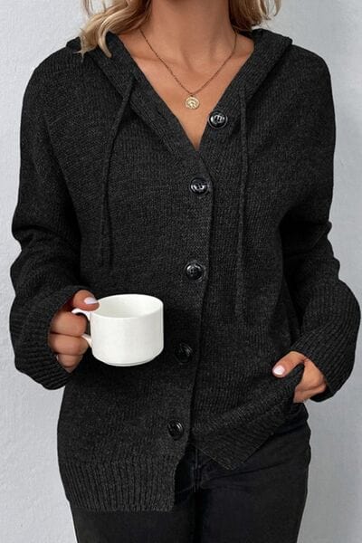 Drawstring Button Up Hooded Cardigan - Trendsi