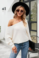 Boat Neck Horizontal Ribbing Dolman Sleeve Sweater - Flyclothing LLC