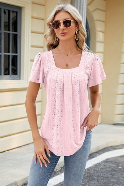 Eyelet Square Neck Short Sleeve T-Shirt - Flyclothing LLC