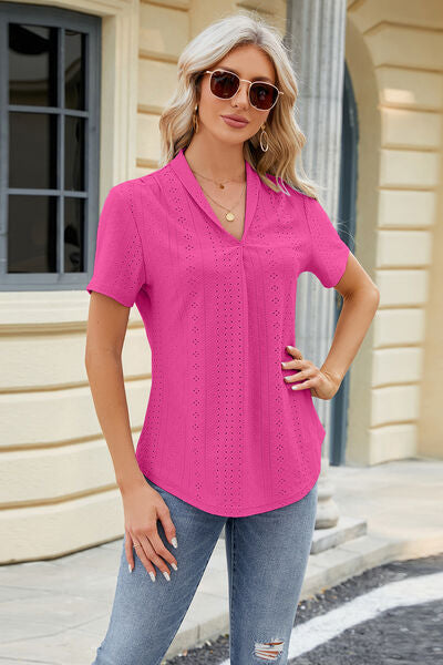 Eyelet Short Sleeve Blouse - Flyclothing LLC