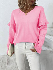 Ruffled V-Neck Dropped Shoulder Sweater - Flyclothing LLC