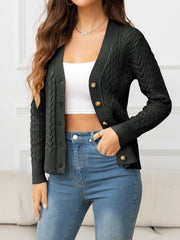 V-Neck Long Sleeve Cable-Knit Buttoned Knit Top - Flyclothing LLC