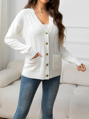 V-Neck Long Sleeve Buttoned Knit Top with Pocket - Flyclothing LLC