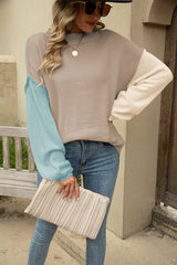 Color Block Round Neck Dropped Shoulder Sweater - Flyclothing LLC