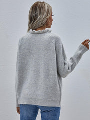 Button Detail Frill Neck Rib-Knit Sweater - Trendsi