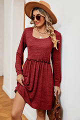 Frill Square Neck Long Sleeve Dress - Flyclothing LLC