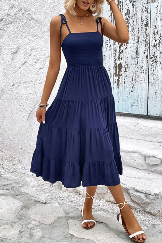 Tie-Shoulder Tiered Midi Dress - Flyclothing LLC