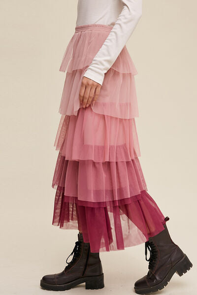 Elastic Waist Layered Tulle Midi Skirt - Flyclothing LLC