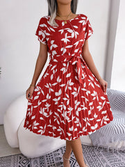 Printed Round Neck Short Sleeve Pleated Dress - Flyclothing LLC