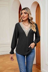 Contrast Flounce Sleeve Blouse - Flyclothing LLC