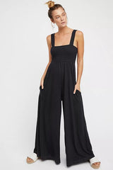 Smocked Wide Strap Jumpsuit - Flyclothing LLC