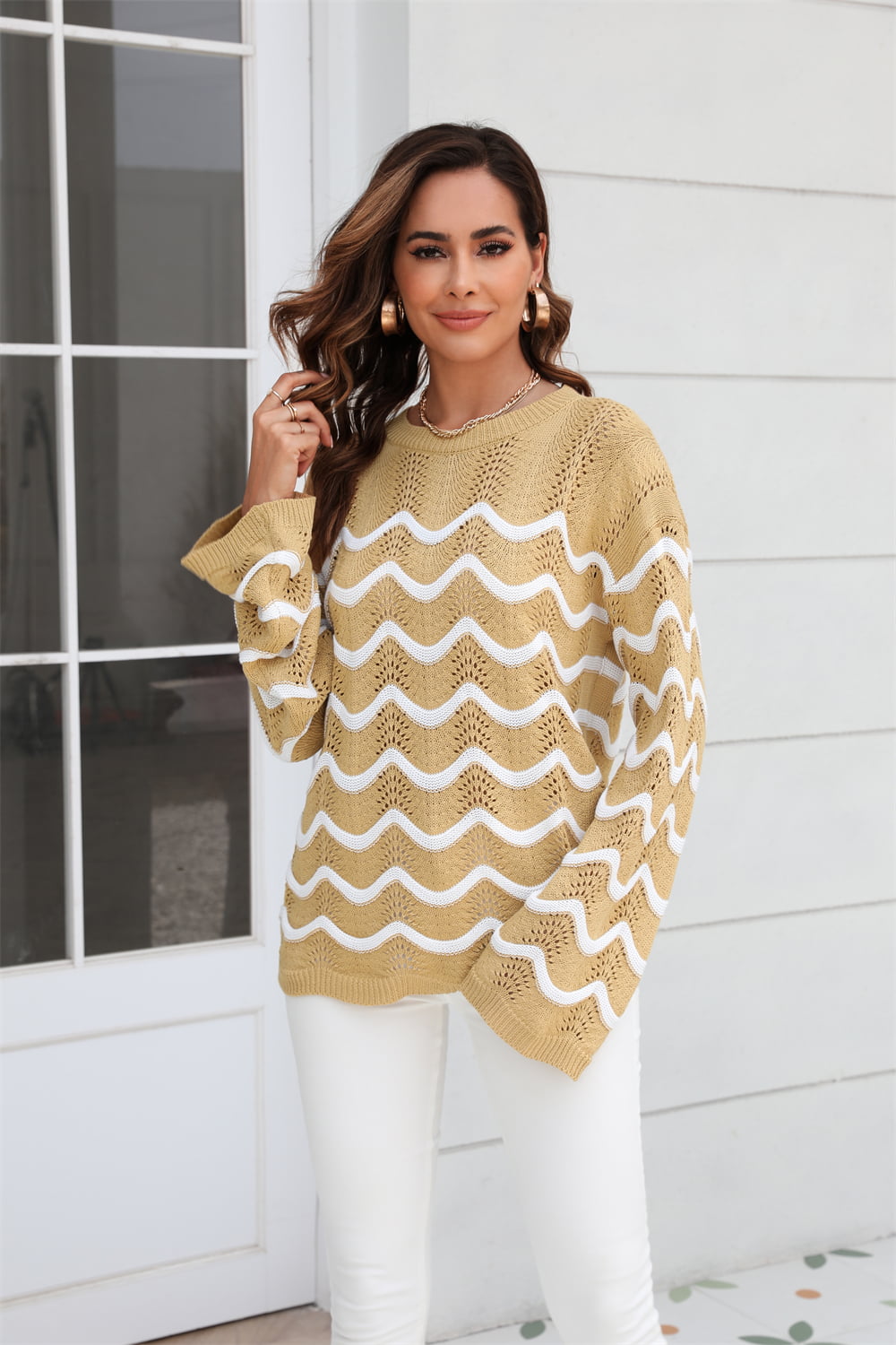 Wave Pattern Round Neck Long Sleeve Sweater - Flyclothing LLC