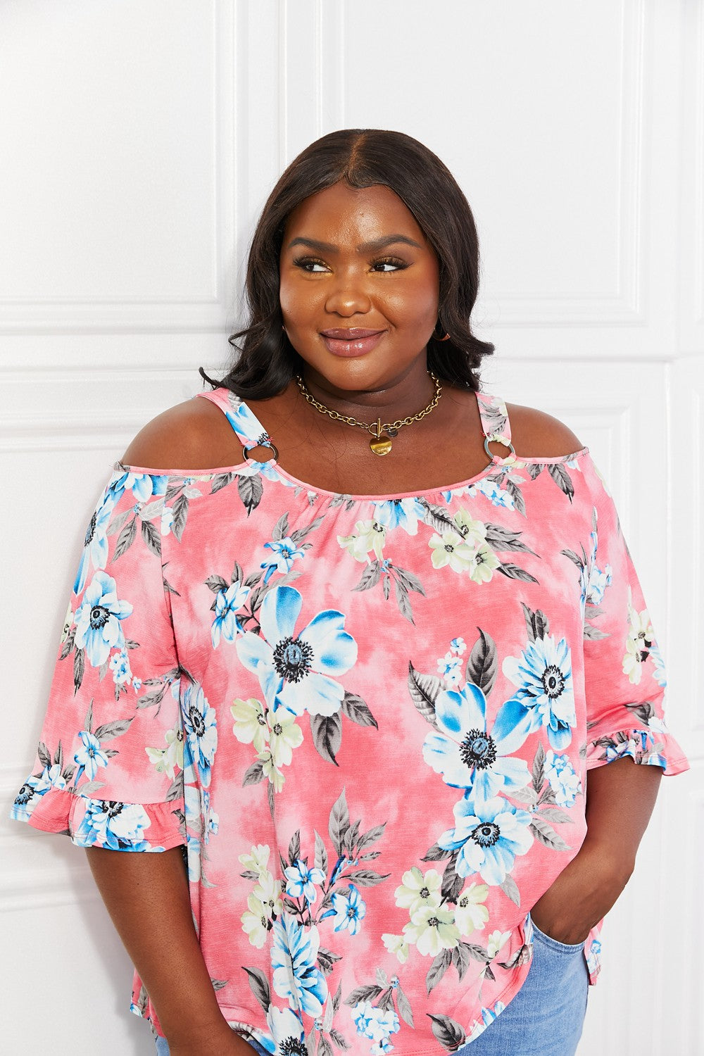 Sew In Love Full Size Fresh Take  Floral Cold-Shoulder Top - Flyclothing LLC